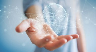 İşadamı üzerinde küre ağ hologram Amerika ABD harita 3d render ile kullanarak arka plan bulanık