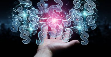 İşadamı 3d işleme dijital paragraf hukuk simgesini kullanarak arka plan bulanık üzerinde