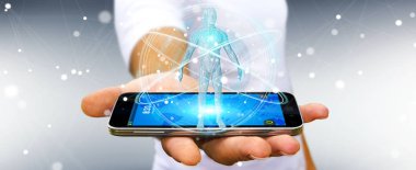 İşadamı dijital röntgen insan vücudu tarama arabirimi 3d rendering kullanarak arka plan bulanık üzerinde