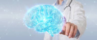 Dijital beyin taraması hologram 3B oluşturmayı kullanarak arka plan bulanık doktor