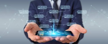 Onun veri ince çizgi güvenlik arabirim üstünde onun hareket eden telefon ile koruma işadamı