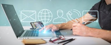 İnce çizgi iletişim simgesini kullanarak arka plan bulanık üzerinde işadamı