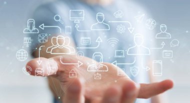 İnce çizgi sosyal ağ simgeleri arabirimini kullanarak arka plan bulanık üzerinde işadamı