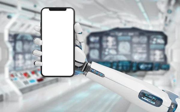 Branco Robô Mão Segurando Moderno Smartphone Mockup Tecnologia Fundo Renderização — Fotografia de Stock