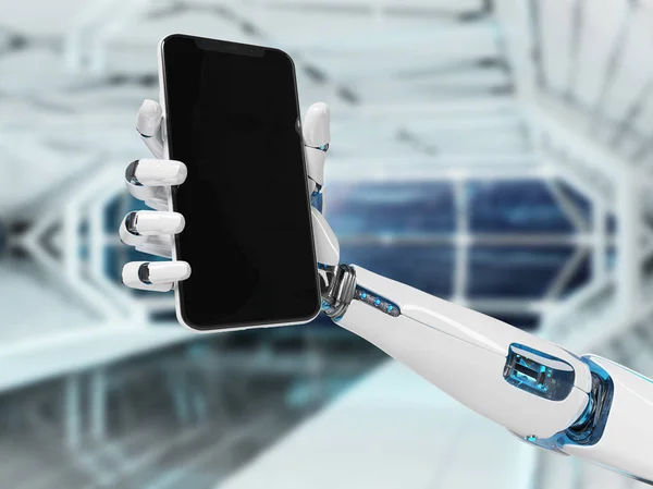 Branco Robô Mão Segurando Moderno Smartphone Mockup Tecnologia Fundo Renderização — Fotografia de Stock
