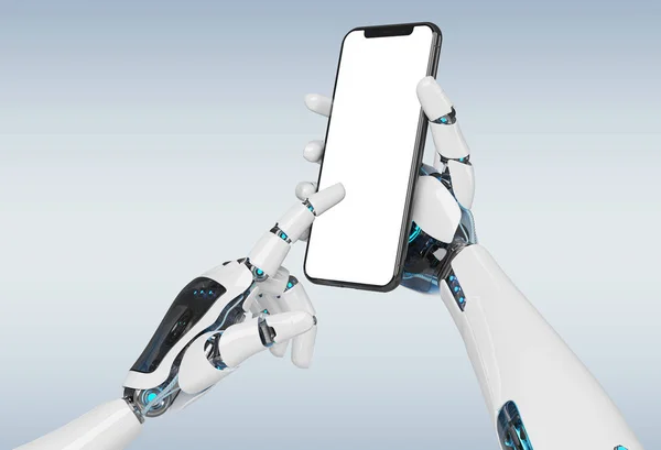 Robot Bianco Mano Tenendo Moderno Smartphone Mockup Sfondo Grigio Rendering — Foto Stock