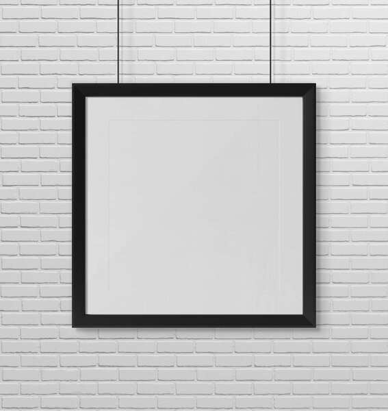 Black squared frame hanging in front of a wall mockup 3d rendering