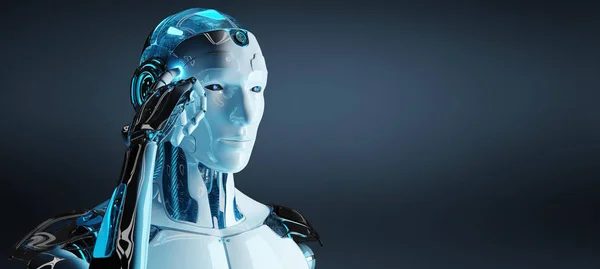 White male cyborg thinking and touching his headon dark blue background 3D rendering