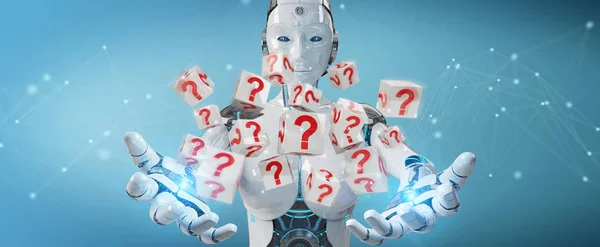 White Robot Blurred Background Using Digital Question Marks Rendering — Stock Photo, Image