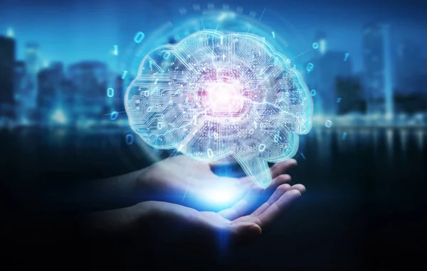 Geschäftsfrau Auf Verschwommenem Hintergrund Schafft Künstliche Intelligenz Einem Digitalen Gehirn — Stockfoto