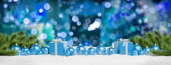 Blauwe Kerstcadeaus Kerstballen Opgesteld Blauwe Achtergrond Rendering — Stockfoto