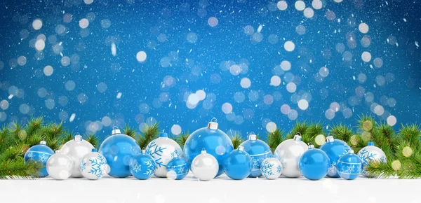 Blauwe Witte Kerstballen Opgesteld Blauwe Achtergrond Rendering — Stockfoto