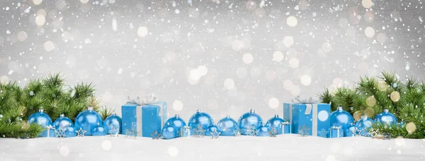 Regalos Adornos Azules Navidad Alineados Sobre Fondo Gris Nevado —  Fotos de Stock
