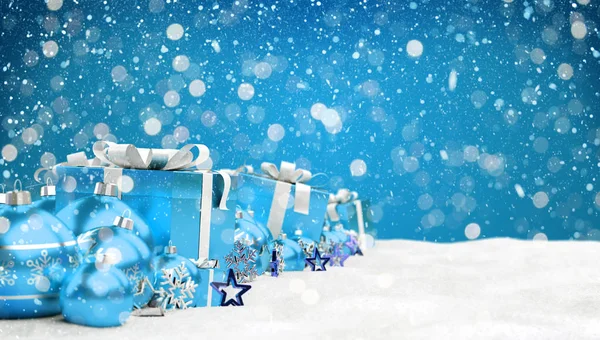 Regalos Adornos Azules Navidad Alineados Representación Fondo Azul —  Fotos de Stock