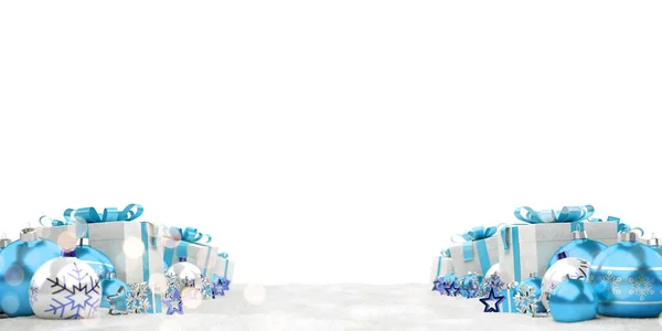 Regalos Adornos Azules Navidad Alineados Sobre Fondo Blanco Renderizado —  Fotos de Stock