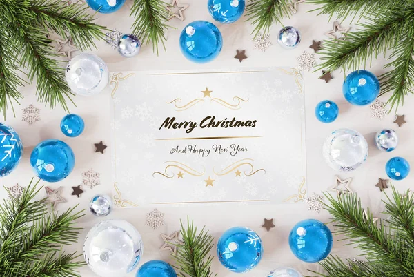 Kerstkaart Groeten Wit Hout Met Blauwe Kerstballen Rendering — Stockfoto