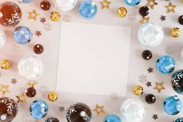 Karácsonyi Kártya Makett Fehér Kék Baubles Leképezés — Stock Fotó