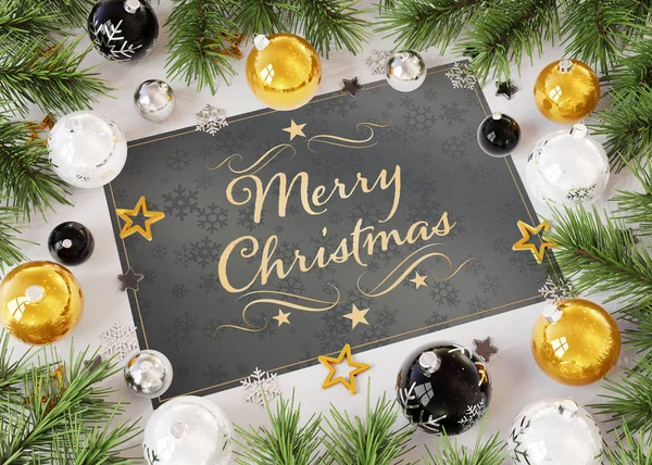 Χριστουγεννιάτικη Κάρτα Χαιρετισμούς Λευκό Ξύλο Χρυσά Στολίδια Rendering — Φωτογραφία Αρχείου