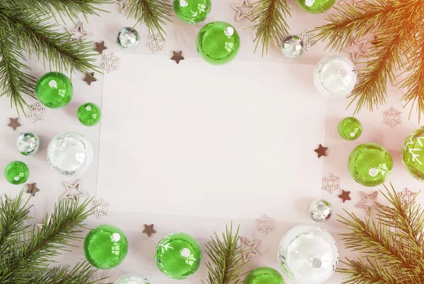 Vánoční Přání Maketa Bílé Dřevo Zelené Ozdoby Vykreslování — Stock fotografie
