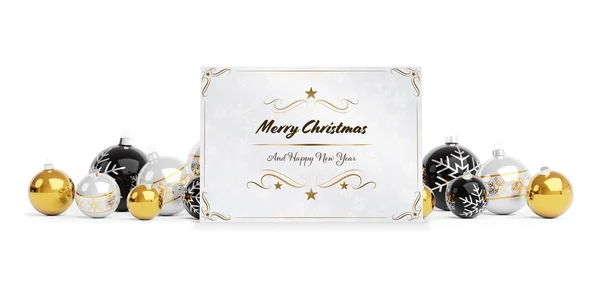 Cumprimentos Cartão Natal Que Colocam Bugigangas Douradas Isoladas Fundo Branco — Fotografia de Stock