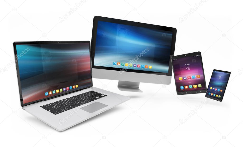 Isolated modern devices floating on white background 3d rendering