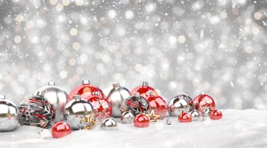 Kırmızı ve gümüş Noel baubles gri arka planda 3d render