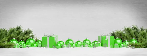 Grüne Weihnachtsgeschenke Und Christbaumkugeln Aufgereiht Auf Hölzernem Hintergrund Rendering — Stockfoto