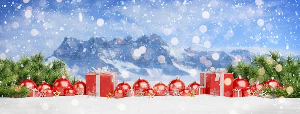 Red Christmas Baubles Gifts Lined Mountain Background Rendering — Stock Photo, Image