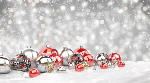 Kırmızı Gümüş Noel Baubles Gri Arka Planda Render — Stok fotoğraf