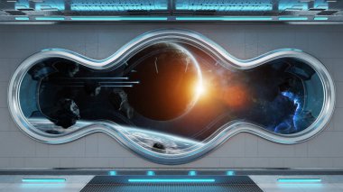 Beyaz teknik uzay gemisi yuvarlak pencere iç uzak sistem 3d işleme öğeleri Nasa tarafından döşenmiş bu görüntünün üzerinde manzaralı