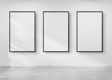Üç siyah çerçeve beyaz asılı mockup 3d render duvar