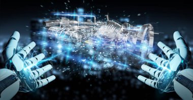 Cyborg tel kafes sanal 3d dijital projeksiyon bir Engine kullanarak arka plan bulanık üzerinde