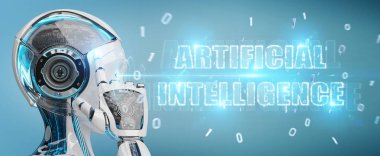 Dijital yapay zeka metin hologram 3B oluşturmayı kullanarak arka plan bulanık beyaz cyborg kadın