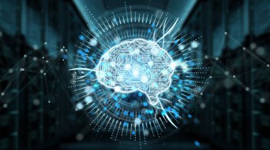 Dijital yapay zeka simgesi hologram üzerinde mavi sunucu arka plan 3d render