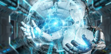 Dijital küre bağlantısı hologram 3B oluşturmayı kullanarak arka plan bulanık beyaz robot kadına