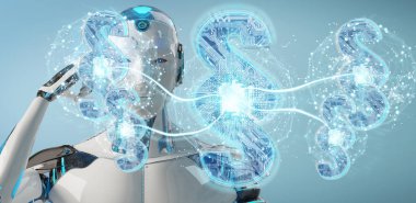 Cyborg Yargıç 3d işleme dijital paragraf hukuk simgesini kullanarak arka plan bulanık üzerinde