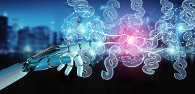 Cyborg Yargıç 3d işleme dijital paragraf hukuk simgesini kullanarak arka plan bulanık üzerinde