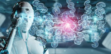 Cyborg Yargıç 3d işleme dijital paragraf hukuk simgesini kullanarak arka plan bulanık üzerinde
