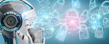 Arka plan bulanık 3d render robot tarafından kullanılan web güvenlik koruma arayüzü