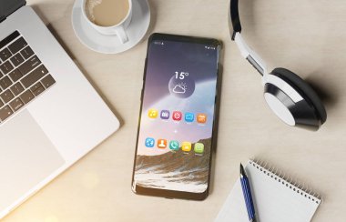 Modern smartphone ahşap masaüstü mockup 3d render döşeme