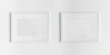 Beyaz dokulu duvar mockup üzerinde asılı iki beyaz çerçeve