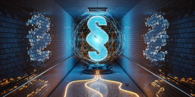 Mavi ve turuncu hukuk paragraf dijital hologram yeraltı 3d render