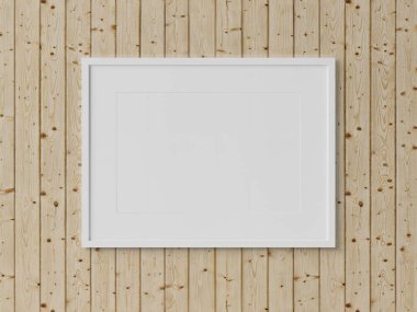 Beyaz dikdörtgen yatay çerçeve ahşap dokulu duvarda mockup 3d render