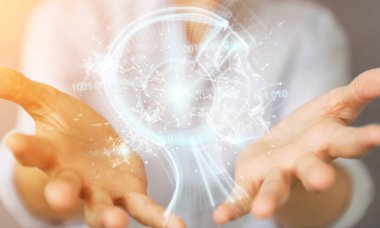 İşkadını dijital yapay zeka arabirimi 3d rendering kullanarak arka plan bulanık üzerinde