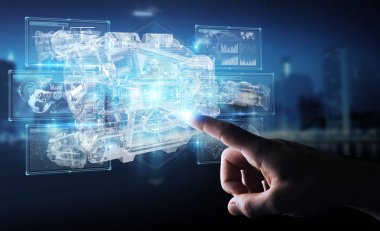 Max, bir motorun tel kafes sanal 3d dijital projeksiyon kullanarak arka plan bulanık üzerinde işadamı