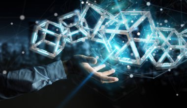 Dijital mavi Blockchain 3d render kullanarak arka plan bulanık üzerinde işadamı