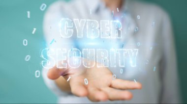 İşkadını siber güvenlik metin hologram 3B oluşturmayı kullanarak arka plan bulanık üzerinde