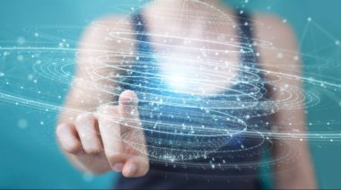 İşkadını dijital küre bağlantısı hologram 3B oluşturmayı kullanarak arka plan bulanık üzerinde