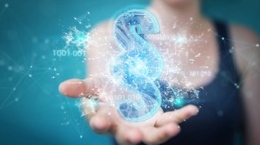 İşkadını 3d işleme dijital paragraf hukuk simgesini kullanarak arka plan bulanık üzerinde