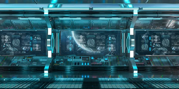 Blue spaceship interior in space with control panel screens 3D rendering